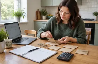 Personne organisant son budget mensuel avec un carnet, une calculatrice et des pièces britanniques sur une table.