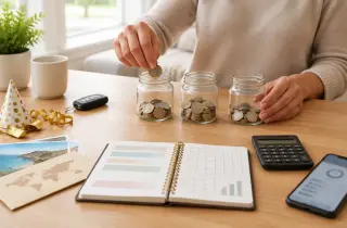 Mains organisant un budget en répartissant des pièces dans plusieurs pots d’épargne sur un bureau lumineux.